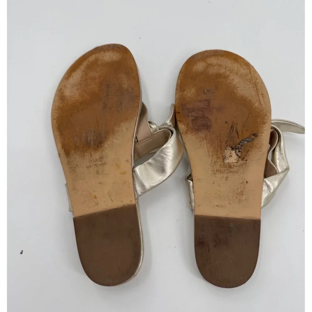 Stuart WeitzmanBandeau Metallic Gold Leather Bow Accent T- Strap Sandals Size 8